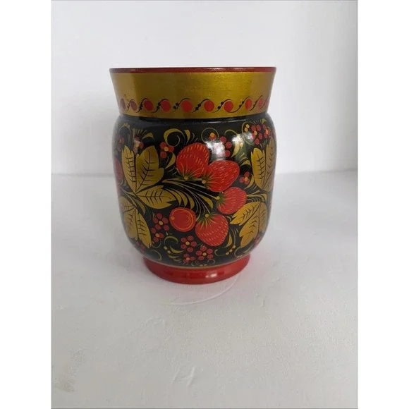 Vintage USSR Khokhloma Russian Folk Art Wood Floral Vase Leaves Berries