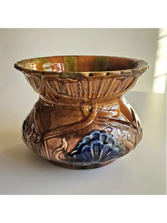 Antique 1920s Majolica Art Pottery Jardiniere Planter - Brown & Green - 7.25
