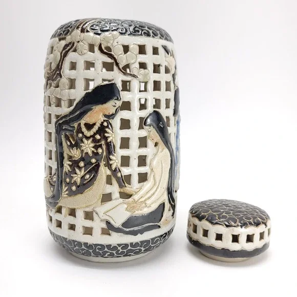 Vintage Dona Ceramics Pottery Open Work Lantern Urn‎ Jar West Vietnam Authentic