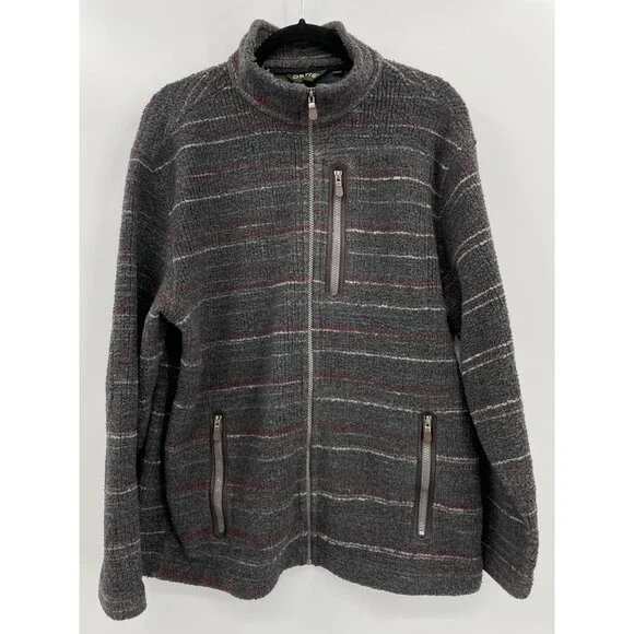 ORVIS Gray Red Stripe Full Zip Fleece Jacket Size M