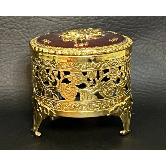 VTG 1928 Gift Accessory Co. Music Box Gold Regency Deep Coral Top Gold‎ Roses