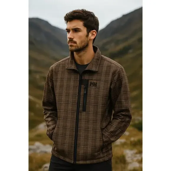 Helly Hansen Men's Windbreaker Jacket Olive‎ Green Black Plaid Zip Front M