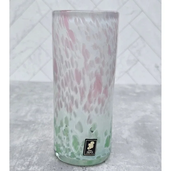Kerry Glass Handmade Irish Art Glass Cylinder Vase Pink Green Mottled Confetti