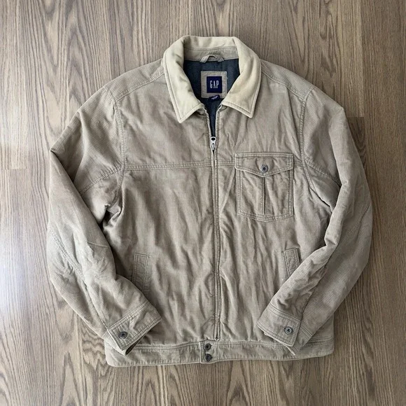 Vintage GAP Jacket Mens L Beige Corduroy Collared Bomber Full Zip Lined Y2K 00s