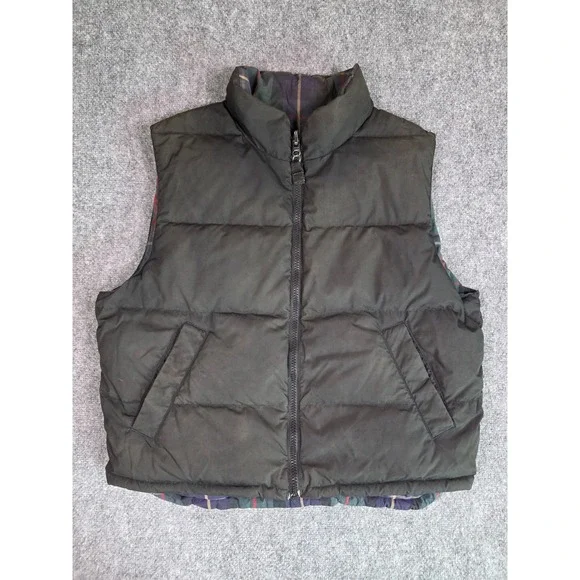 Eddie Bauer Puffer Vest Mens XL Black Plaid Reversible Quilted Full Zip Gilet