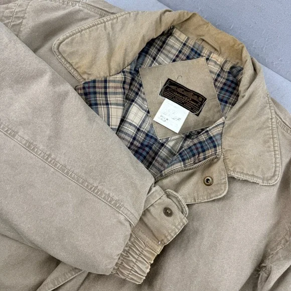Eddie Bauer Mens XXL Tall Goose Down Bomber Jacket‎ Tan Cotton Plaid Lining Vtg