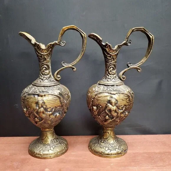Antique Ornate Victorian Brass Cherub Ewer Pitcher Pair