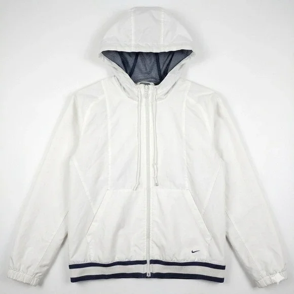 Nike Windbreaker Jacket White Navy Blue‎ Striped Trim Full Zip Hooded Mens S