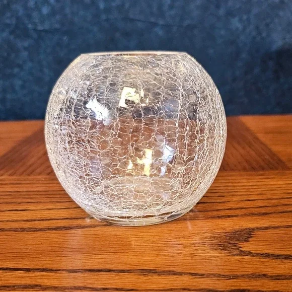 Clear Crackle Glass Globe Vase Votive Candle Holder Round 3.5 Inch Small Decor