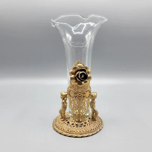 Antique Vintage Gold Brass Filigree Fluted Bud Vases Cherub Figural Design