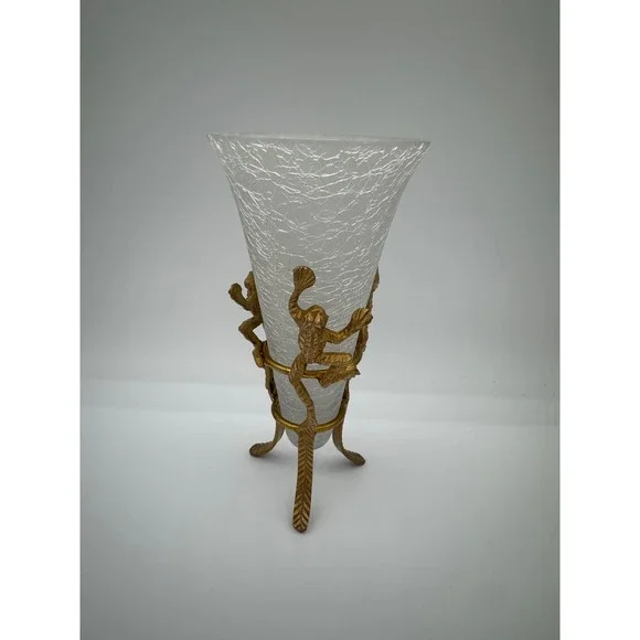 Vintage Crackle Glass Trumpet Vase Brass Frog Tripod Stand Made in India 8