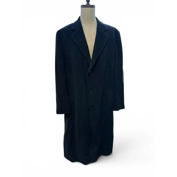 CHAPS Ralph Lauren Men's Cashmere Wool Overcoat Black L 46 Long 3 Button Italy