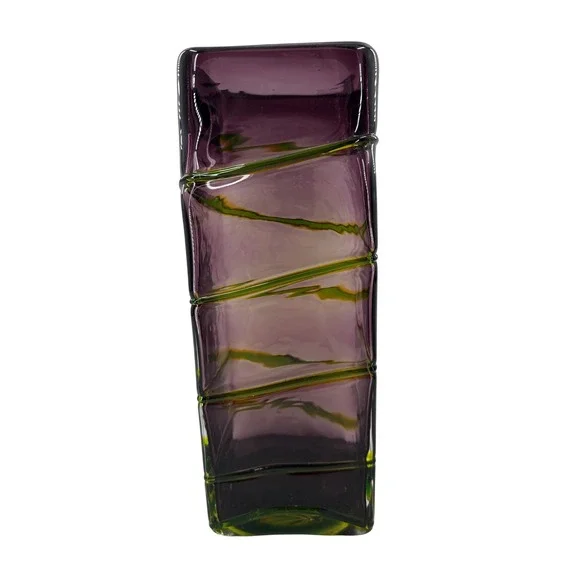 Unsigned Art Glass Vase Unisex OS Purple Green Spiral Ribbed Rectangular Tall