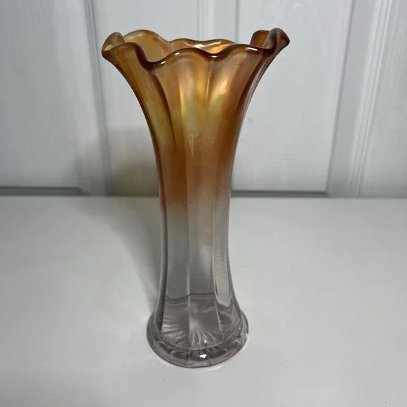 Carnival Glass Iridescent Marigold Ruffled Vase‎ Vintage