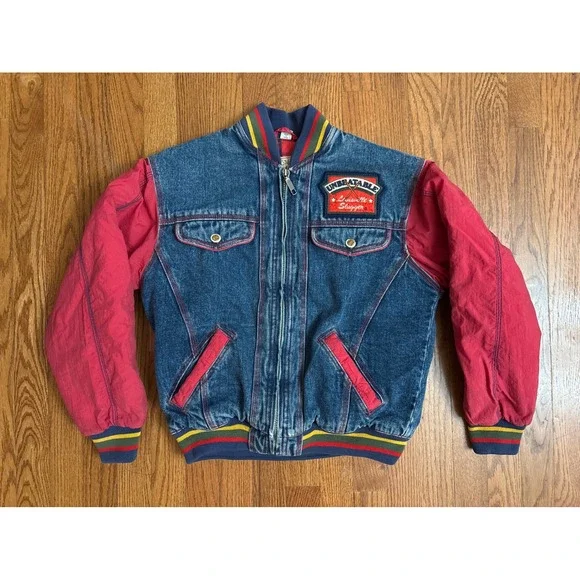 Vintage Louisville Slugger Denim &‎ Nylon Baseball Jacket Blue Red Youth Large