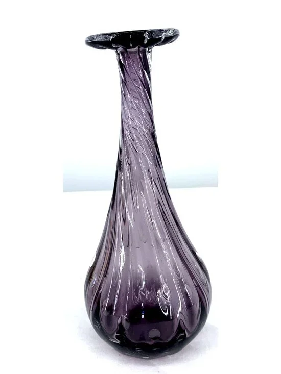 Amethyst Vase Purple Hand Blown Glass Bud Fluted 10
