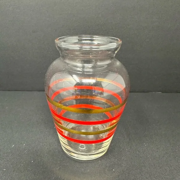 Vintage Small MCM Red and Gold Striped Glass Bud Vase A0