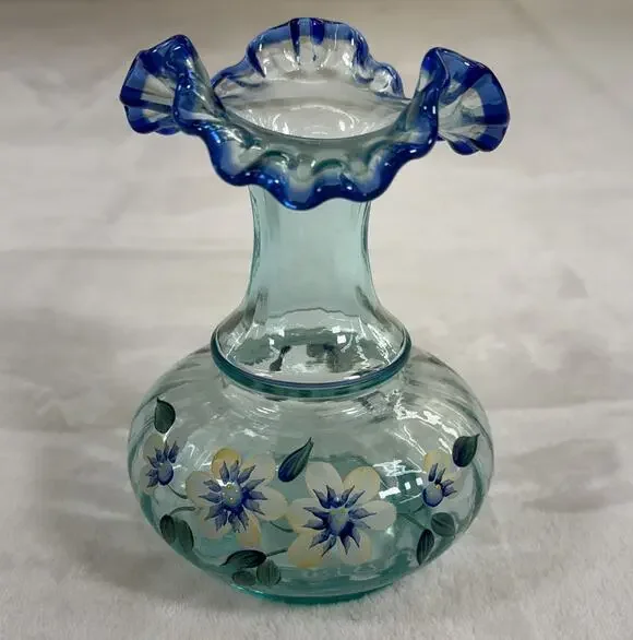 Fenton Vase Cobalt and Aqua Tranquility Hand Painted By DK Brightbill 6.25