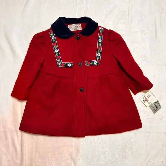 NWT Vintage Skyline red pea coat with blue velvet collar and floral trim 2t