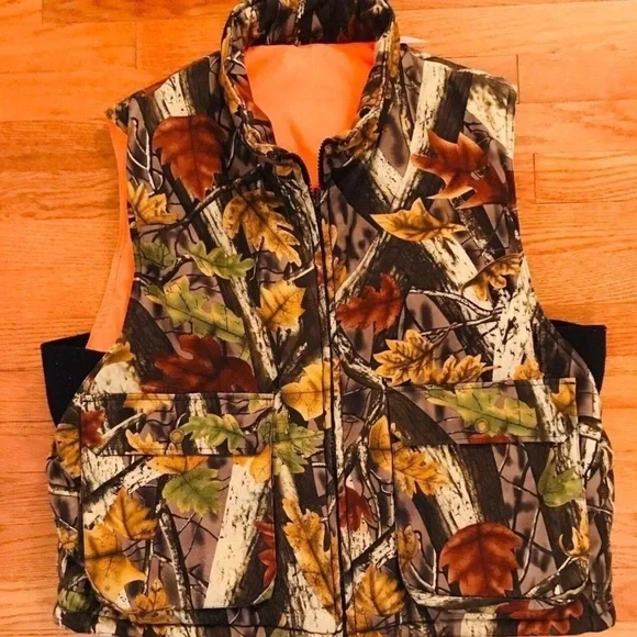 REVERSE CAMO PUFFER HUNTING FISHING VEST ORANGE NEON LARGE GORP CORE