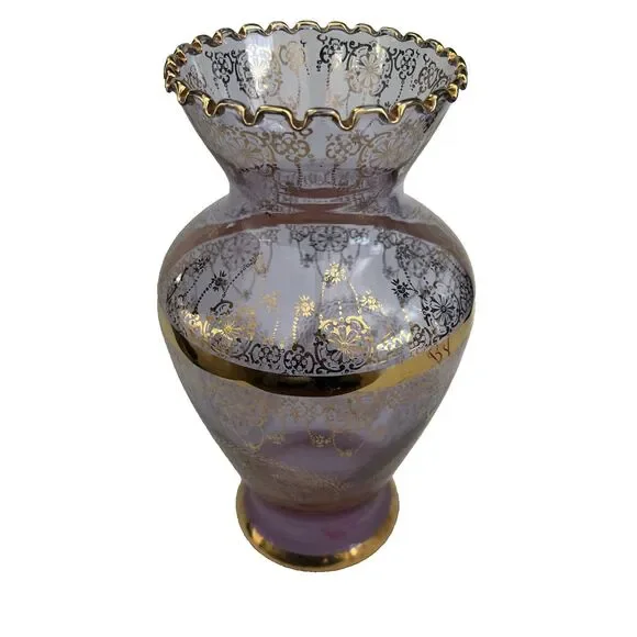 Vtg 10” Vecchia Murano Art Glass Vase 24K Gold Neodymium Purple Color Change
