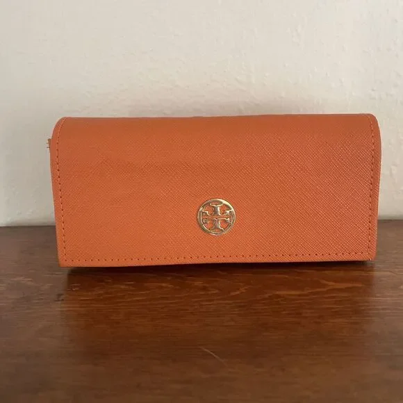 Tory Burch Eyeglasses Sunglasses Case‎ Faux Leather Textured Orange