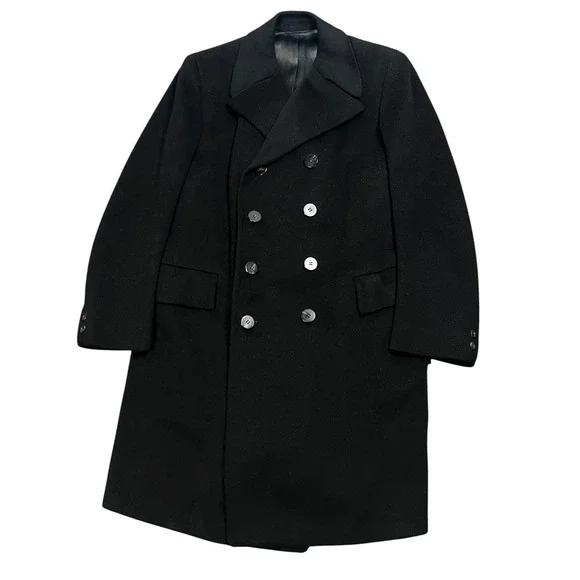 Glenart Fashions 1970s Overcoat Mens Black Pure Wool Double Breasted Vintage 44R