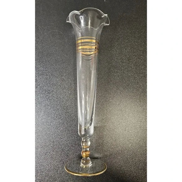 Mid Century MCM Glass‎ Bud Vase Gold Painted Trim Ruffle Edge 10 Inch