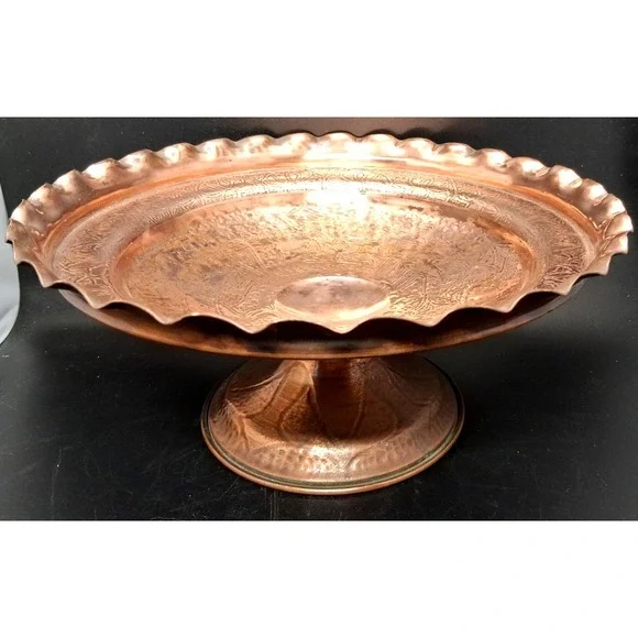 Vintage Embossed Copper Pedestal Compote Bowl w/Scalloped Edge