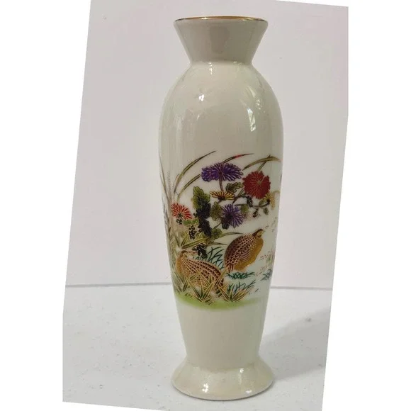 Vintage Otagiri Japan Porcelain Bud Vase Quail Bird Chrysanthemum Gold Trim