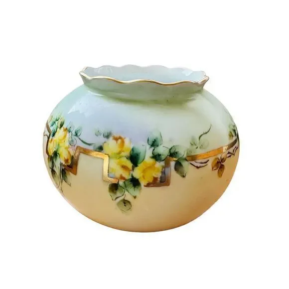 Vintage Hand Painted Yellow Flowers Vase Green & Gold‎ Accents 4.5