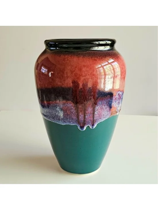Vintage Studio Pottery Glazed Ceramic Vase - MCM Drip Glaze Teal - Signed 9
