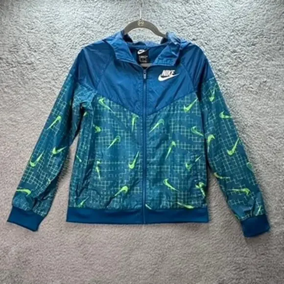Nike Boy's XL Windrunner Hoodie Jacket Full Zip Blue‎ with Green Swoosh Running
