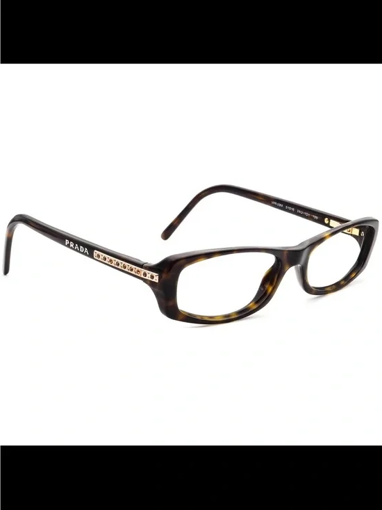 Prada Brown Tortoiseshell Rectangular Women's Glasses with Gold Accents
