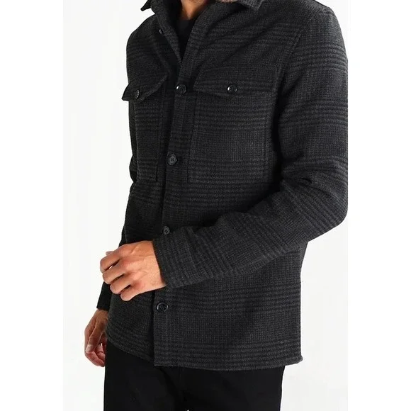 GAP Mens XL Tall Glen Plaid Shirt Jacket Charcoal Grey Wool Blend Shacket NEW