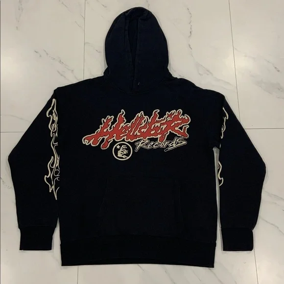 Hellstar Records Red Flames Black Hoodie Pullover Mens Size Large
