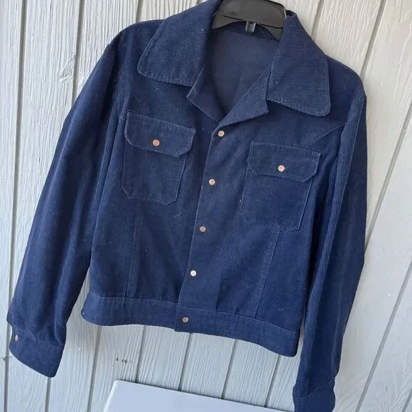 VTG 70s West Cal Cord Trucker Jacket Navy Snap Workwear Ranchwear