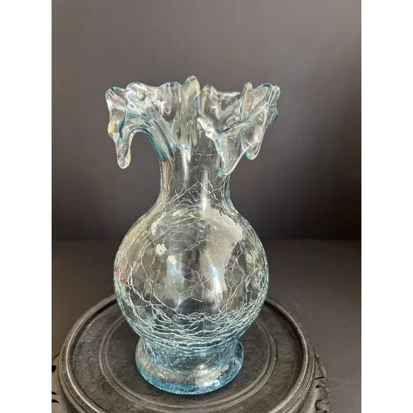 Blue Ruffle Rim Crackle‎ Blown Glass 6 1/2