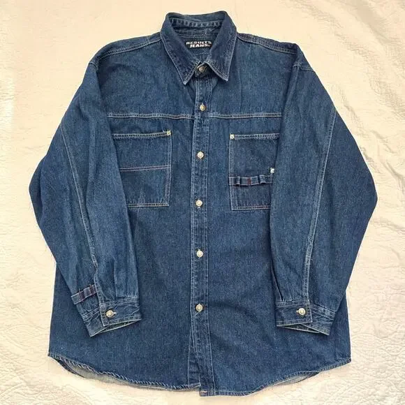Vintage Results Jeans Men's Denim Oversized Chore Jacket Silver Button Size XL