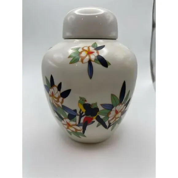 Vintage ginger jar birds flowers very colorful