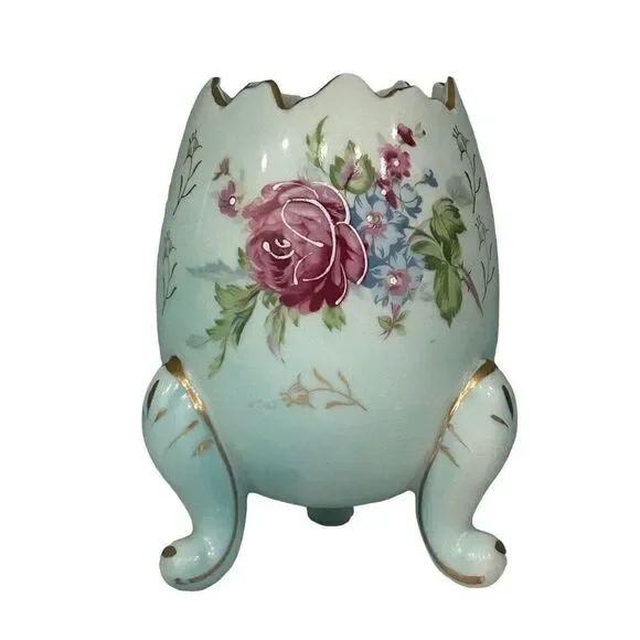 Vtg Napcoware Cracked Egg Porcelain Vase Medium Multi Floral Gold Trim Footed