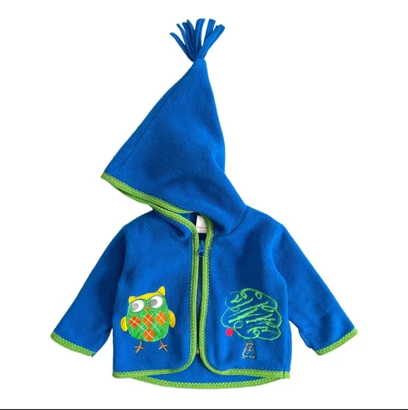 Hanna Andersson Baby Blue Owl Embroidered  Fleece Hooded Jacket Size 3-6 mos