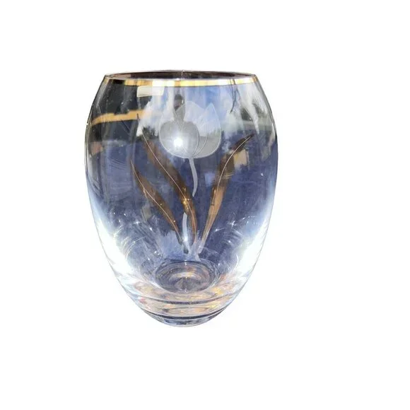 BOHEMIA Hand Made Tulip Crystalex Glass Vase with Gold Trim