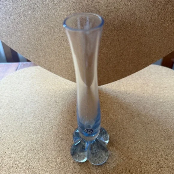 Vintage Swedish Art Glass Bud Vase Blue Clover Base Made in Sweden MCM 8 Inch