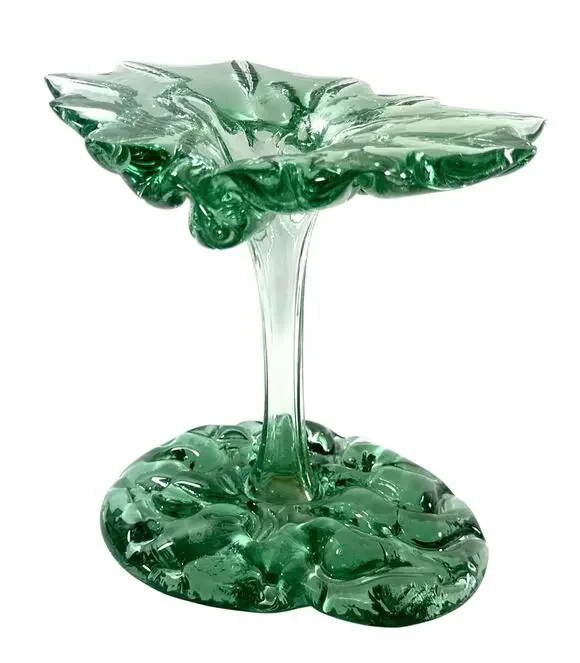 Vintage Recycled Green Art Glass Pedestal Vase Bowl Hand Blown 8” Organic