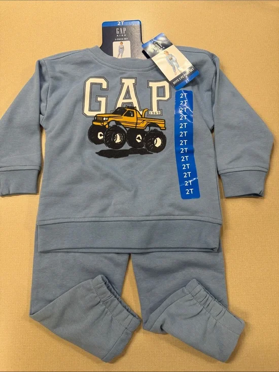 NWT GAP Light Blue Sweatshirt and Pants with Yellow Monster Truck Size 2T