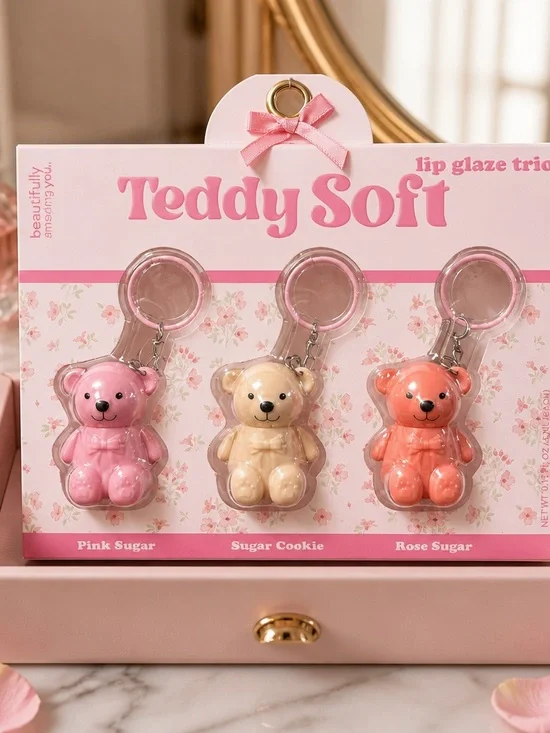 Teddy Soft Bear Lip Glaze Trio Keychain Gift Set NIB