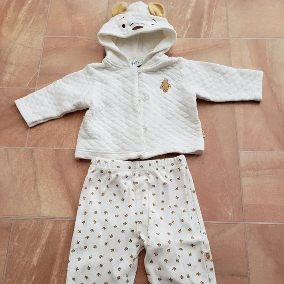 Disney Winnie The Pooh Baby White Quilted Jacket & Pants Matching Outfit Set