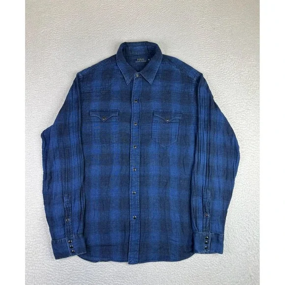 Polo Ralph Lauren Shirt Mens XL Blue Plaid Snap Button Long Sleeve Western
