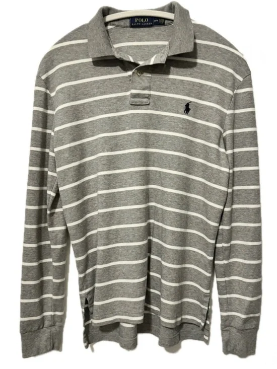 Polo Ralph Lauren Gray White Stripe Long Sleeve Polo Shirt Mens M Pony  Preppy